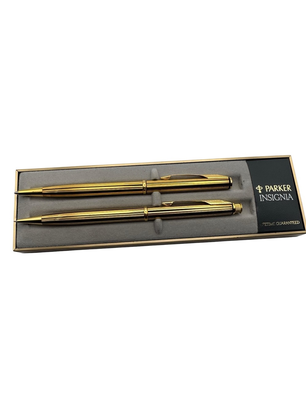 Parker Insignia Gold Tone Pen & Pencil Set Black Pinstripe Boxed USA